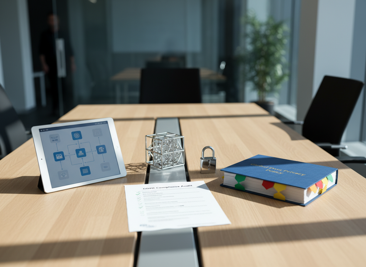 A bright, modern conference table made of light oak, seen from a slightly elevated angle, covered with organized GDPR-related materials: a printed compliance checklist with green checkmarks, a tablet displaying a data-flow diagram, and a thick, tabbed privacy policy manual with color-coded dividers. A small, chrome desk lock and a minimalist cube sculpture of a network grid sit nearby, symbolizing data protection. Cool daylight streams across the tabletop from the right, creating crisp, directional shadows and subtle reflections on the tablet screen. The background is softly blurred glass walls and neutral office décor. The atmosphere is efficient, analytical, and precise, captured in photographic realism with sharp focus on the documents and a clean, corporate visual style.