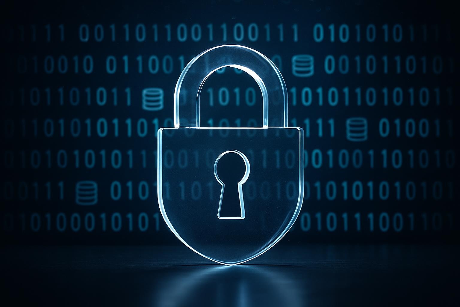 A large, transparent acrylic shield in the shape of a lock stands upright on a reflective black surface, with rows of softly glowing blue and teal binary code and abstract database icons projected behind it. The code appears slightly out of focus, creating depth, while the lock’s smooth edges catch faint highlights from cool, directional studio lights on both sides. Fine dust motes are visible in the beam of light, adding realism. The composition is centered, with the lock dominating the frame and the background gently fading into darkness. The mood is secure, high-tech, and authoritative, rendered in photographic realism with a polished, corporate aesthetic ideal for illustrating GDPR data protection concepts.