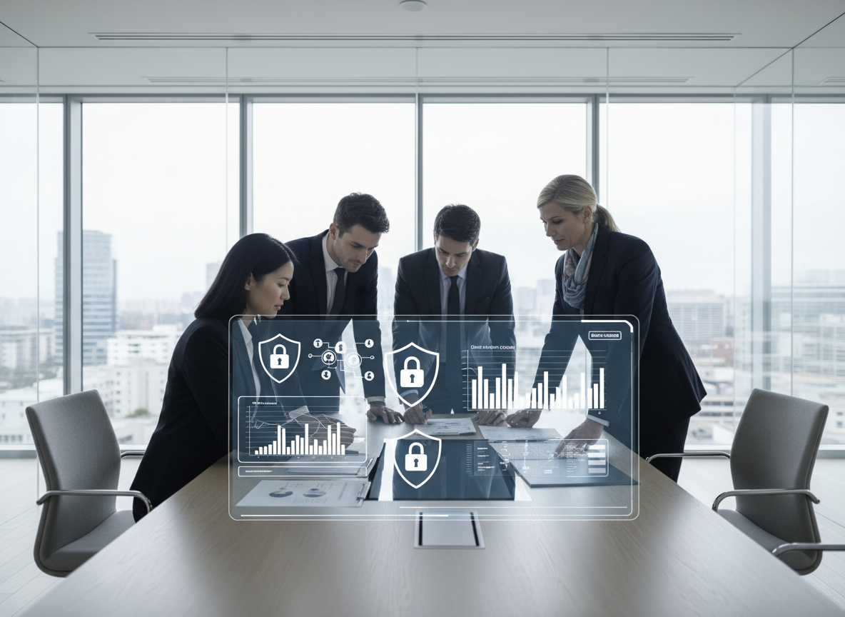 Clean, modern corporate-style photo related to GDPR and data protection: a diverse small team in a glass-walled office reviewing data privacy reports and a dashboard with padlock and shield icons, cool neutral tones with dark blue accents, minimal and uncluttered composition, consistent with existing site imagery.